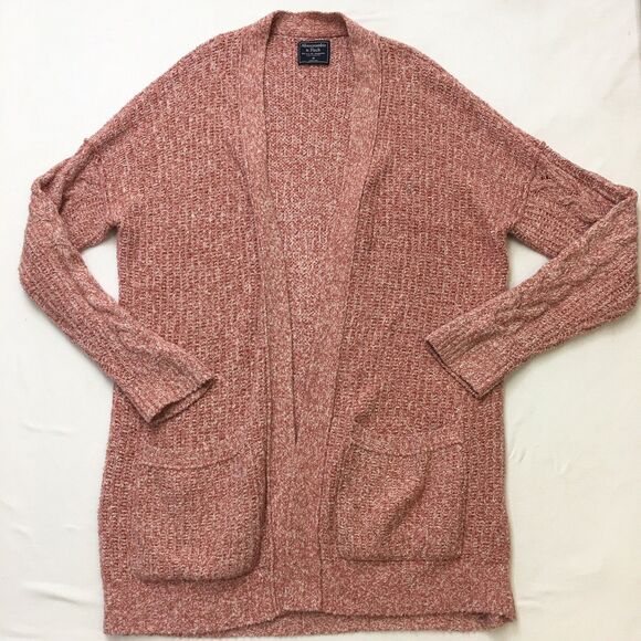 ABERCROMBIE & FITCH Sweater Women M Pink Open Cardigan Pockets Chunky Ragg Knit - Picture 1 of 16